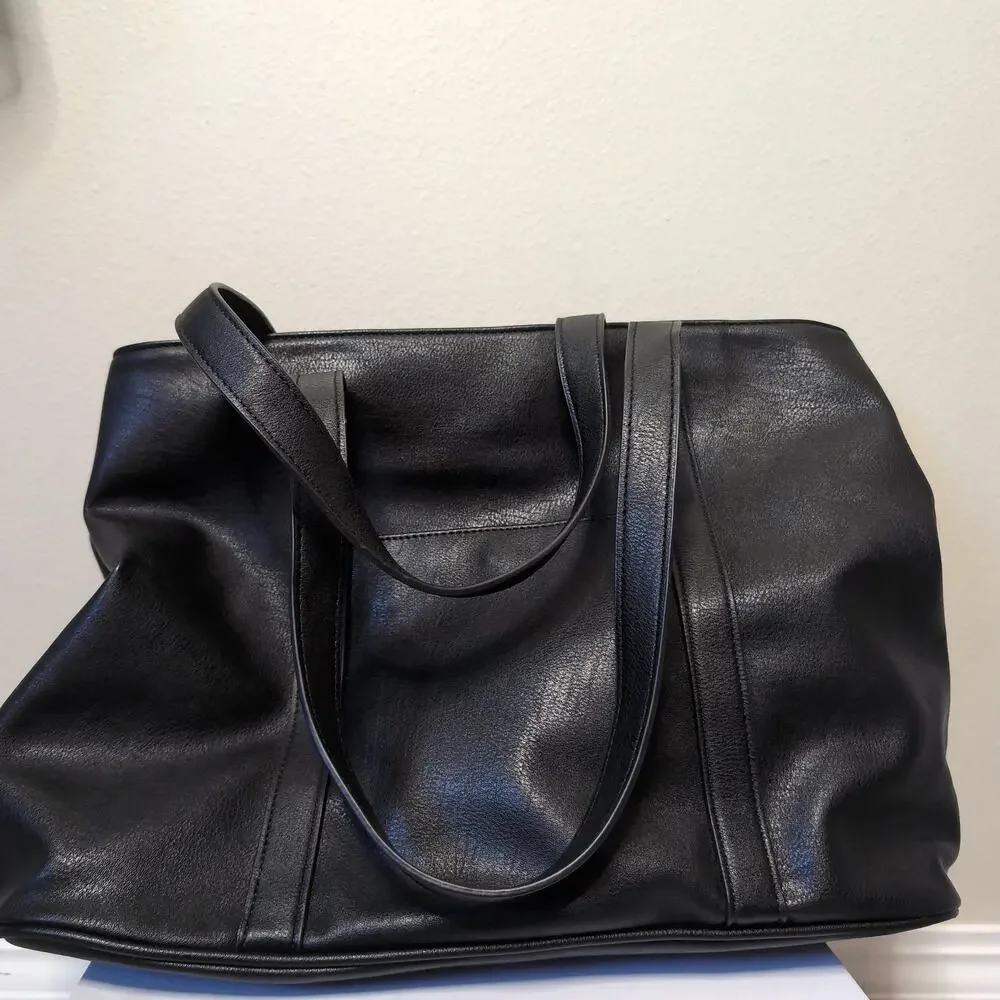 Black Faux Leather Tote Bag Multi Compartment